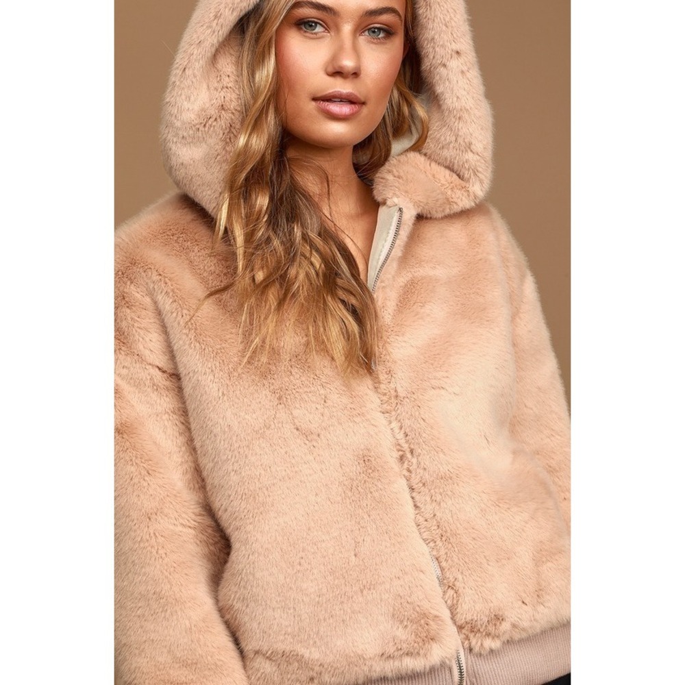 Lulus Count Me In Beige Faux Fur Hooded Bomber Jacket - Size S